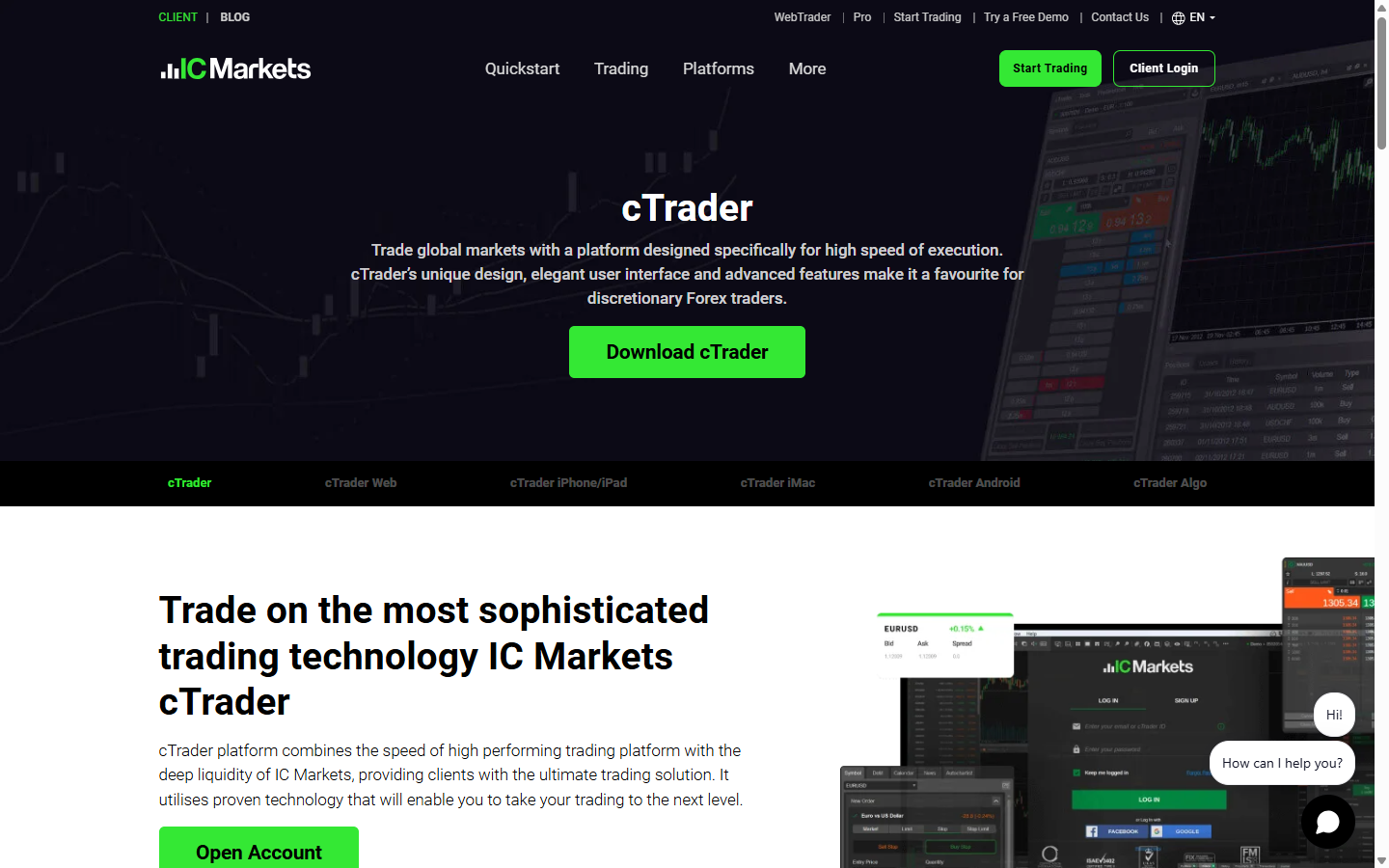 IC Markets cTrader product page showing native cTrader Windows platform support