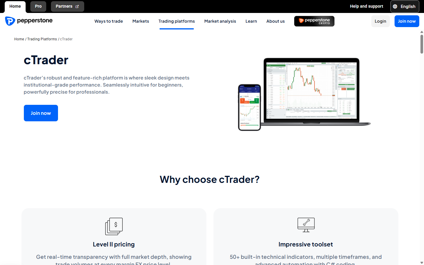 Pepperstone cTrader product page showing native cTrader desktop, web, and mobile support