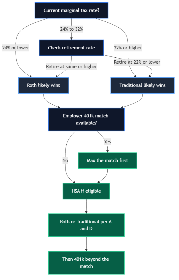 Roth vs Traditional IRA decision tree showing how a planning model routes based on current marginal rate retirement rate and employer match