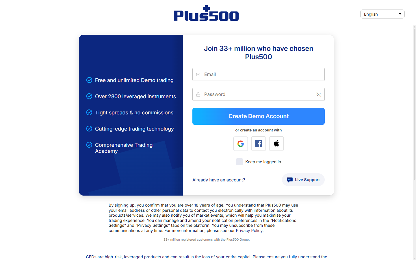plus500 review demo account signup screen showing free unlimited trial features