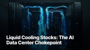 Liquid cooling stocks featured image — server rack with liquid coolant tubes editorial illustration