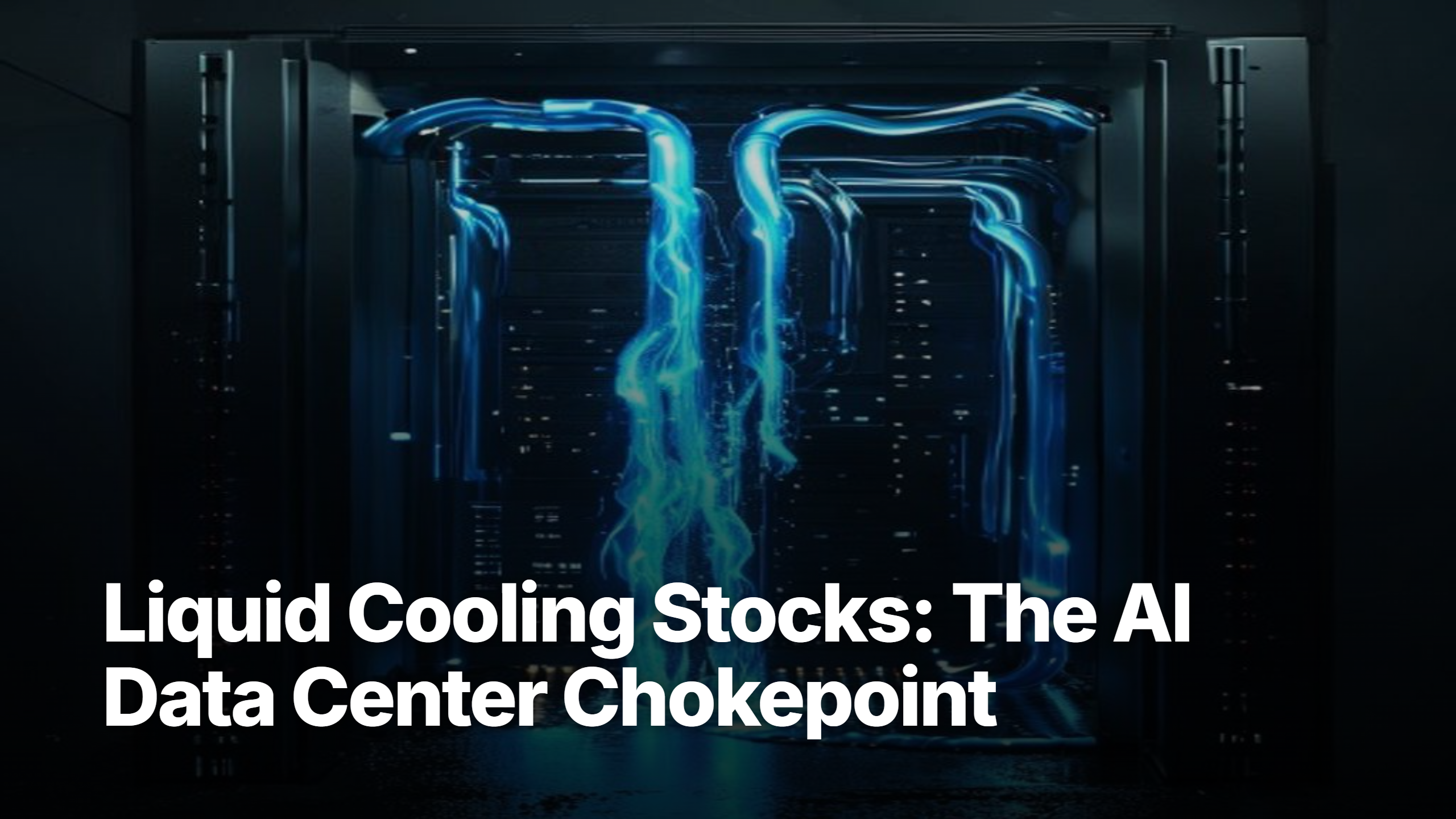 Liquid cooling stocks featured image — server rack with liquid coolant tubes editorial illustration